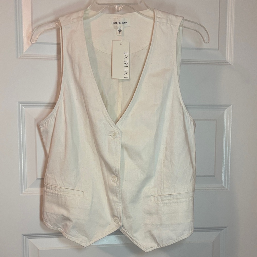 Evereve Off-White Seamed Sleeveless Vest SZ L Tencel Cotton blend adjustable NWT